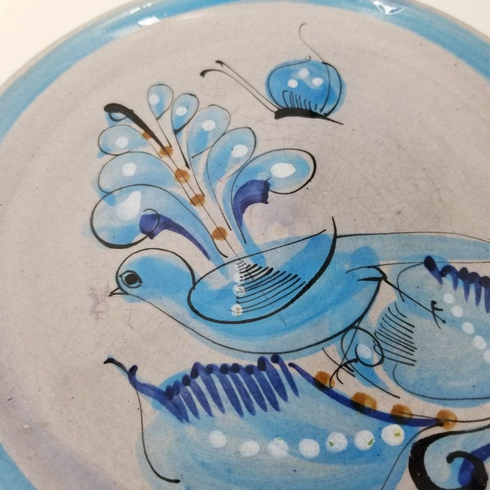 Tonala Mexican Hand Painted Blue Speckled Bird Plates 8.5" Pottery Signed Lot 3 - Picture 9 of 11